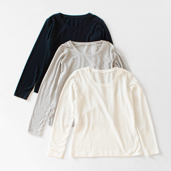 カシミヤシルクベア梨地 クルーネック長袖Tシャツ
