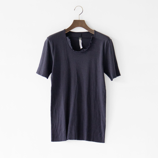 リネンコットンフライス半袖フリルTシャツ（NAVY）