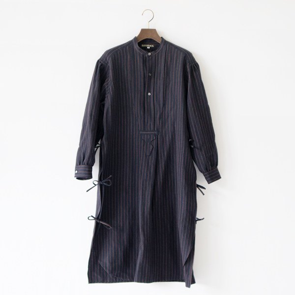 ウールリネン フレンチボサムロングシャツ(NAVY×BROWN)