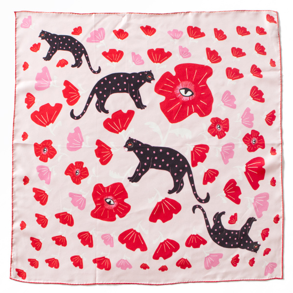 シルクスカーフ　65cm x 65cm(POPPY AND POLKA CAT)