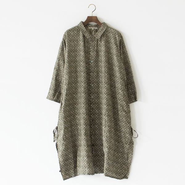 ツル花プリントリネン 前開きシャツワンピース(MOS GREEN)
