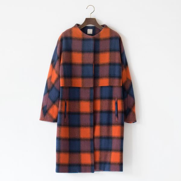 ミュール紡 ノーカラーラグランチェックコート(ORANGE×NAVY)