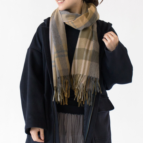 カシミヤ チェック ストール(TARTAN CAMEL)