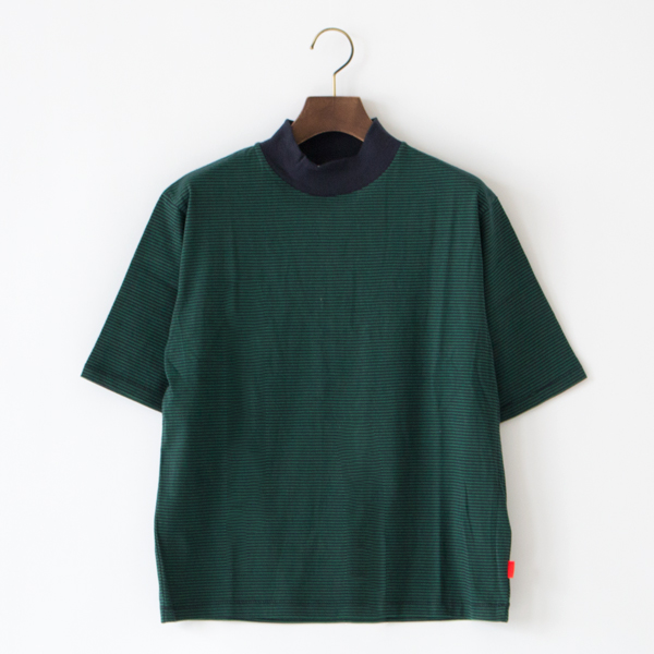 ナローボーダー　モックネック半袖Tシャツ(NVY GRN)
