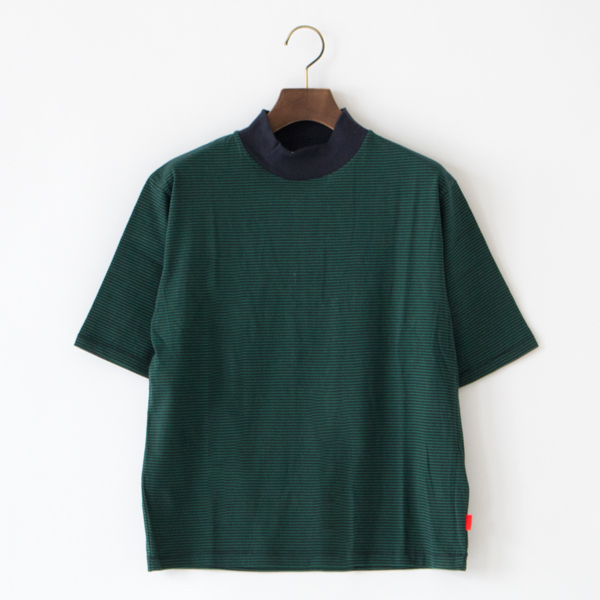 ナローボーダー　モックネック半袖Tシャツ(NVY GRN)