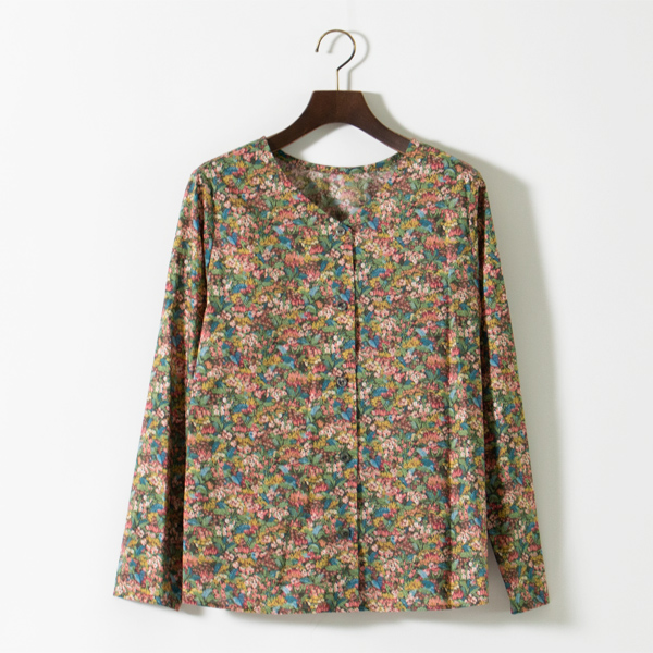 リバティプリント2WAY Vネックシャツ(KHAKI)