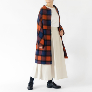 SETTO ロングコート　日本製　チェック柄　ノーカラー ミュール紡 ノーカラーラグランチェックコート／ZUTTO（ズット）｜愛着