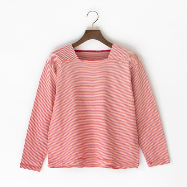 オーガニックコットン天竺ボーダー スクエアネックTシャツ(RED)