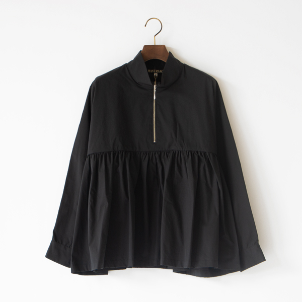 ハイカラージップアップ シャツブラウス(BLACK)