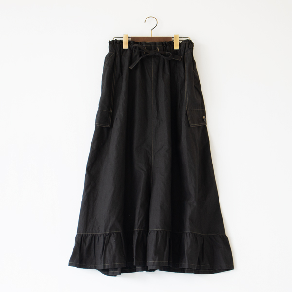 リネンコットン ステッチラッフルパンツ(BLACK)