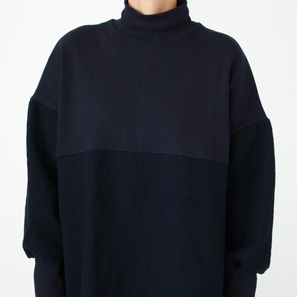 ウールとコットン生地の異素材ドッキングワンピース(NAVY)