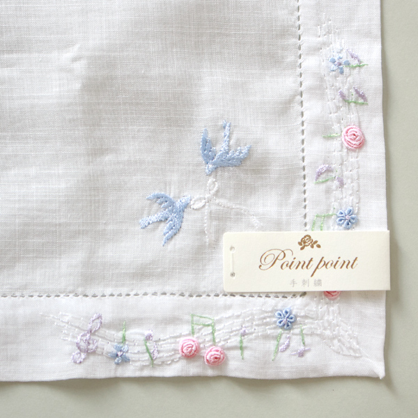 ポワンポワン ベトナム手刺繍ハンカチ ハト(ホワイト)