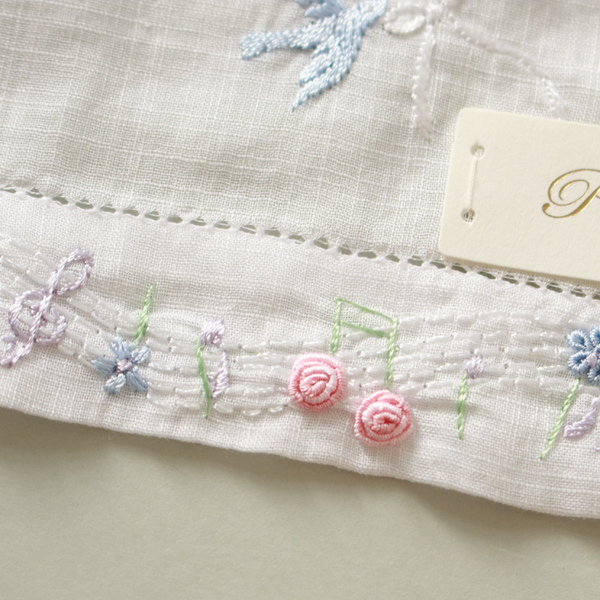ポワンポワン ベトナム手刺繍ハンカチ ハト(ホワイト)