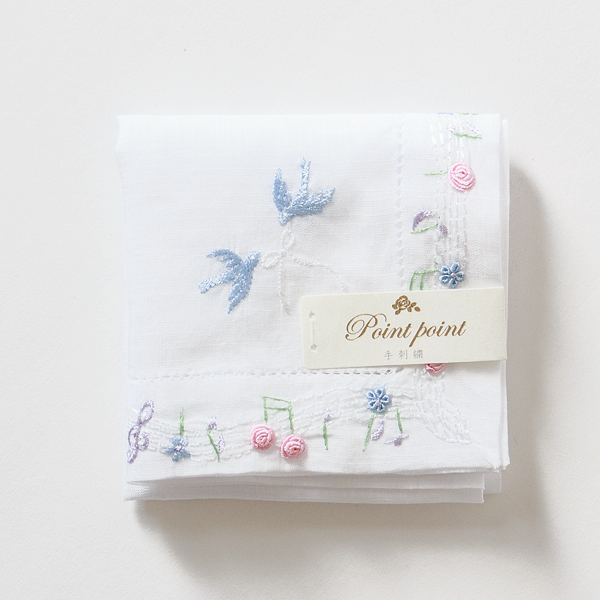 ポワンポワン ベトナム手刺繍ハンカチ ハト(ホワイト)