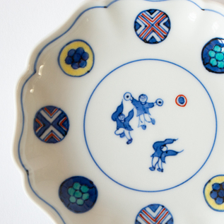 九谷焼 上出長右衛門窯　花型皿 丸紋遊童子 5枚セット化粧箱入り 九谷焼 上出長右衛門窯 花型皿 丸紋遊童子 5枚