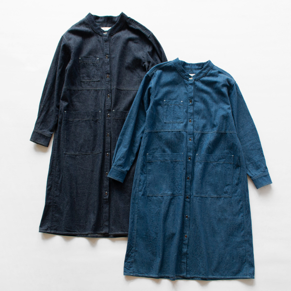 オールシーズン使えるデニムシャツワンピース(左INDIGO、右BLUE）