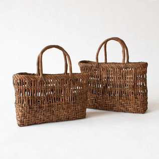 ブラウン かごバッグ Eの刺繍付き 受発注】山ぶどうかごバッグかこべ編み インナーバッグ付き／宮本工芸