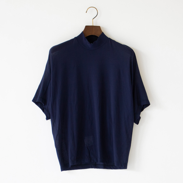 綿強撚天竺 5分袖変形ハイネックプルオーバー(NAVY)