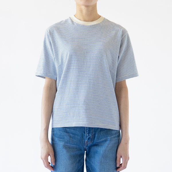 ナローボーダー　クルーネック半袖Tシャツ	NATURAL BLUE