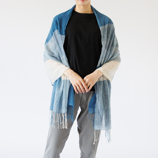 藍染めUVカットストールチェック 60cm×180cm