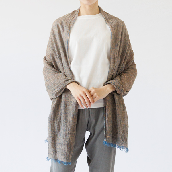手紡ぎUVカットストール藍/茶綿 60cm×180cm