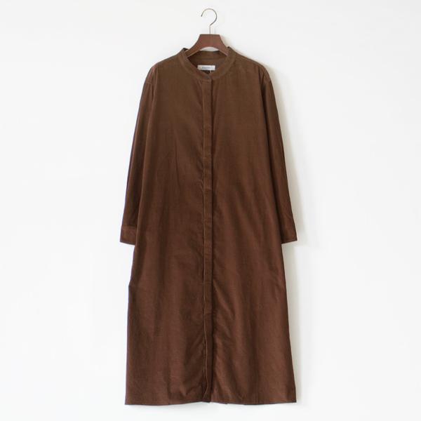 細畝コーデュロイ 比翼シャツワンピース(BROWN)