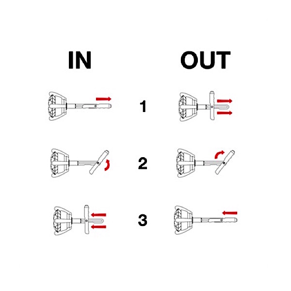 使用方法（軸部分が回転しバックキャッチとなる一体化ピアス）