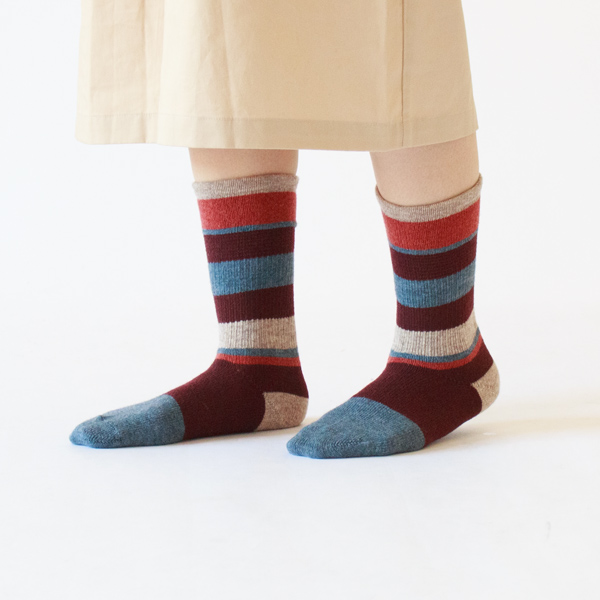 マルチボーダーウール・クルー　メンズソックス（D.オレンジ）