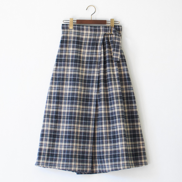 撚杢メランジネルチェック ラップ風ギャザースカート(BLUE) 撚杢メランジネルチェック ラップ風ギャザースカート(BLUE)