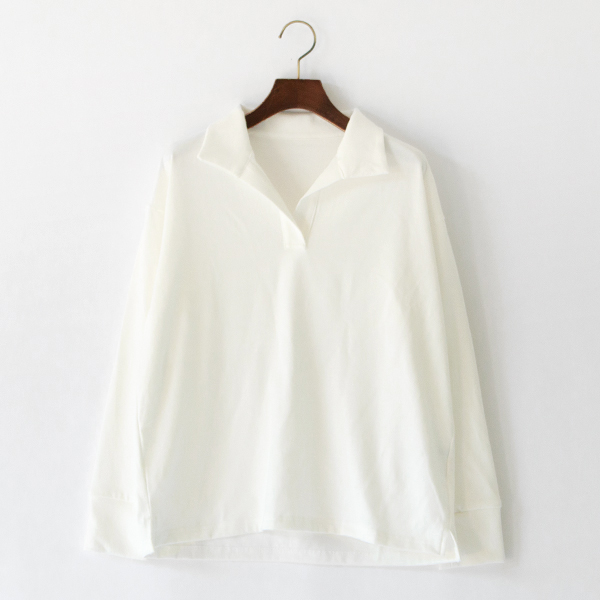コットン度詰天竺 スキッパー衿長袖プルオーバー(OFF WHITE)