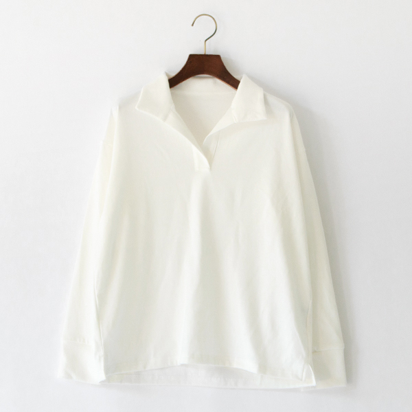コットン度詰天竺 スキッパー衿長袖プルオーバー(OFF WHITE)