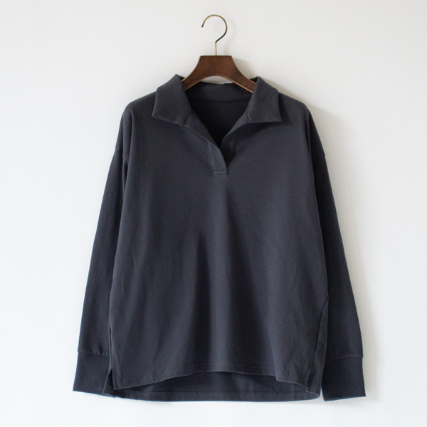 コットン度詰天竺 スキッパー衿長袖プルオーバー(CHARCOAL)