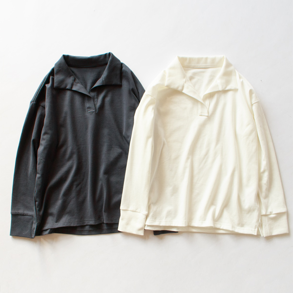 コットン度詰天竺 スキッパー衿長袖プルオーバー