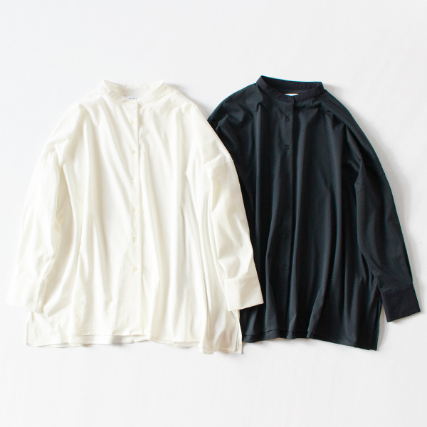 オーガニックコットン天竺×布帛ドッキングスタンドカラーシャツ