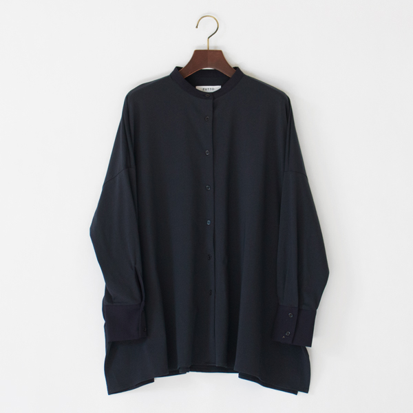 オーガニックコットン天竺×布帛ドッキングスタンドカラーシャツ(NAVY)