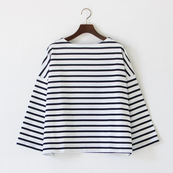 薄手ドロップショルダー 八分袖バスクシャツ(Blanc Noir)