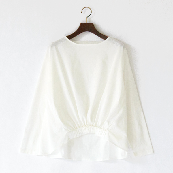 ギザンディコットン天竺 裾ギャザー長袖プルオーバー(WHITE)