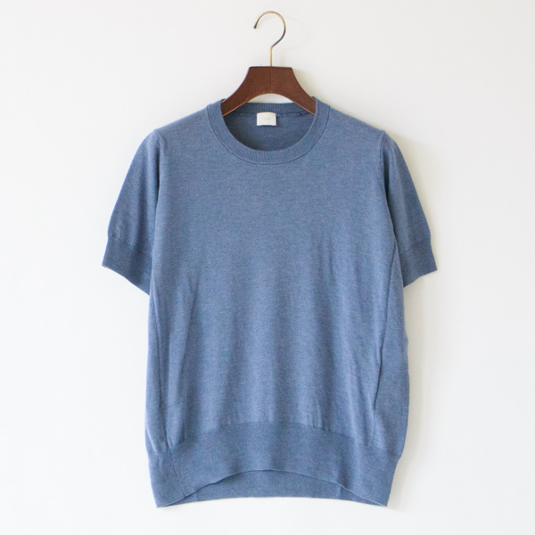 コットンシルク クルーネックニット半袖プルオーバー(BLUE)