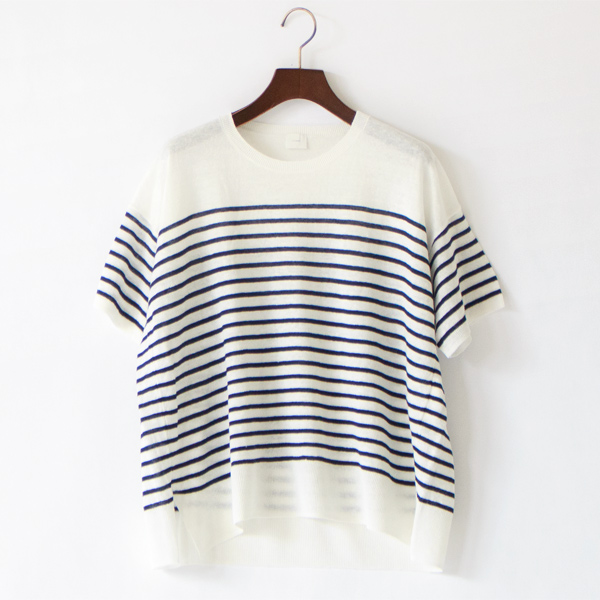 リネンクルーネックニット半袖プルオーバー(WHT×NB.NAVY)