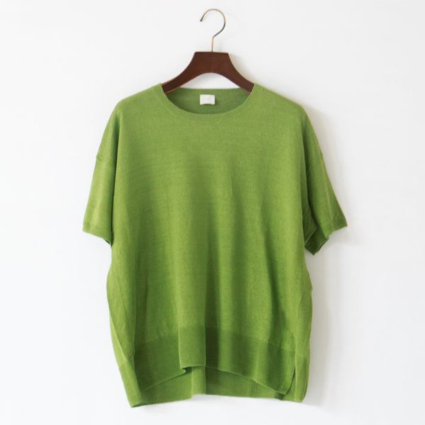 リネンクルーネックニット半袖プルオーバー(IVY)