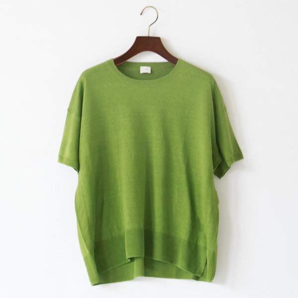 リネンクルーネックニット半袖プルオーバー(IVY)