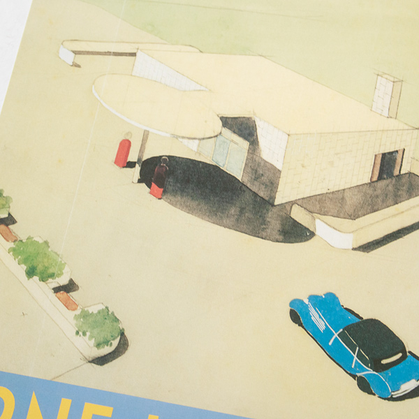 コペンハーゲン北郊のスコウスホウェに建つ、1936年設計のガソリンスタンドが描かれています。(Skovshoved Gas Station/Arne Jacobsen) コペンハーゲン北郊のスコウスホウェに建つ、1936年設計のガソリンスタンドが描かれています。(Skovshoved Gas Station/Arne Jacobsen)