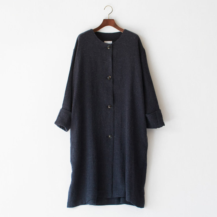 リネンウールビエラ ノーカラーライトコート(NAVY)