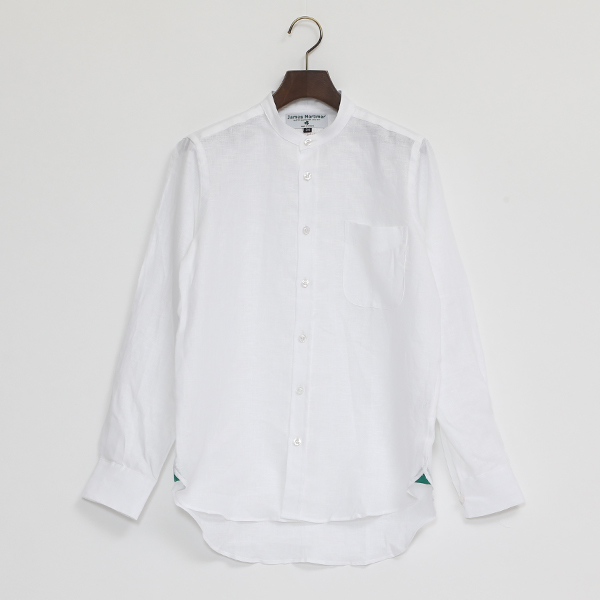 リネンロングスリーブシャツ　バンドカラー White